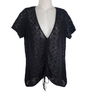 Torrid Womens Pointelle Pullover Short Sleeve V-Neck Front Tie Sweater Black M/L